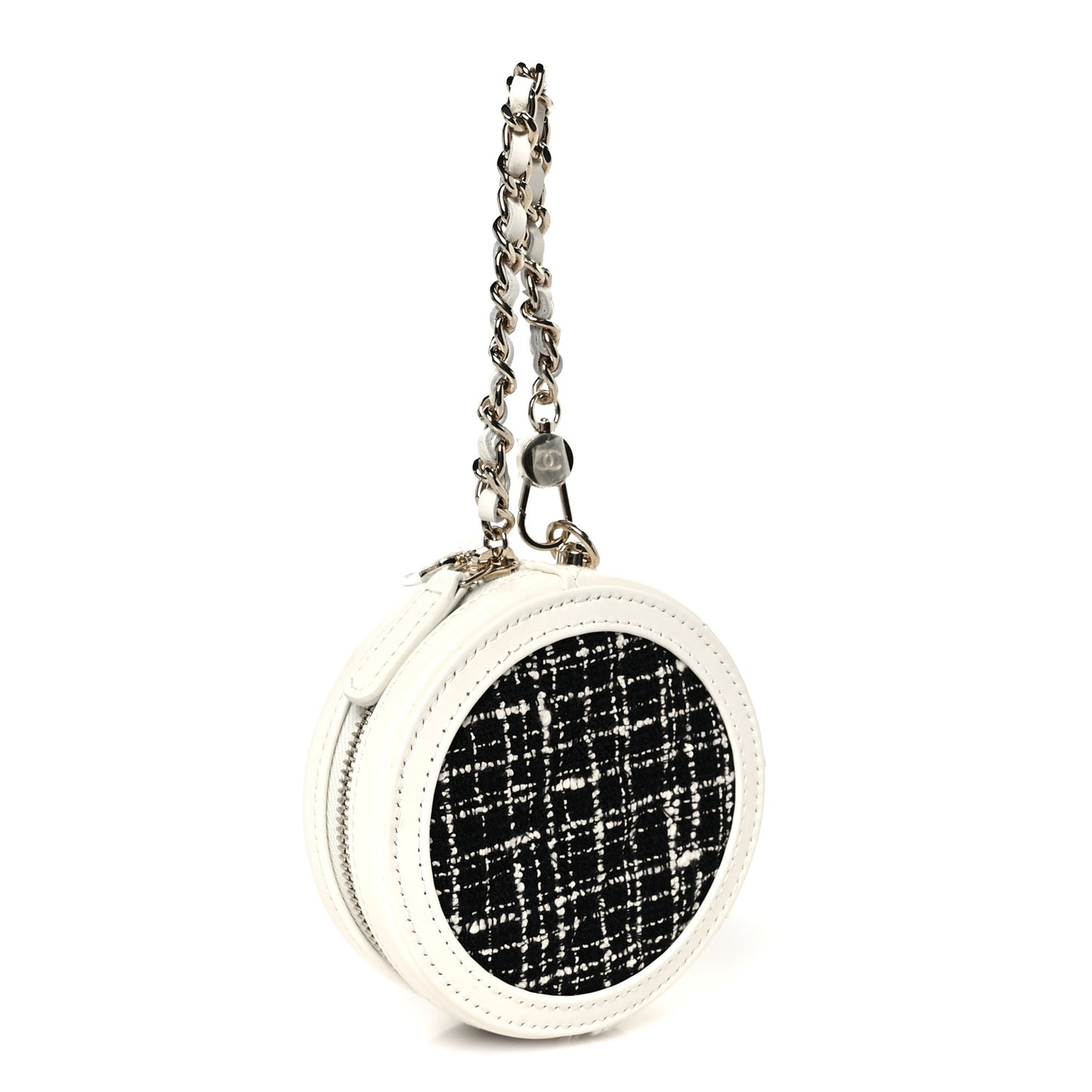 Tweed Quilted Round Filigree Pouch With Chain White Black