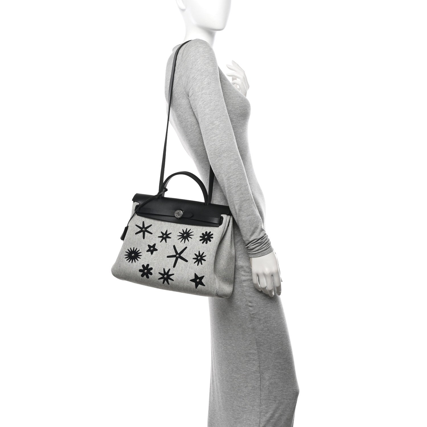 Hermes H Plume Canvas Vache Hunter Circuit Rider Hobnailed Herbag Zip Retourne 31 PM Black Ecru 2 of 12