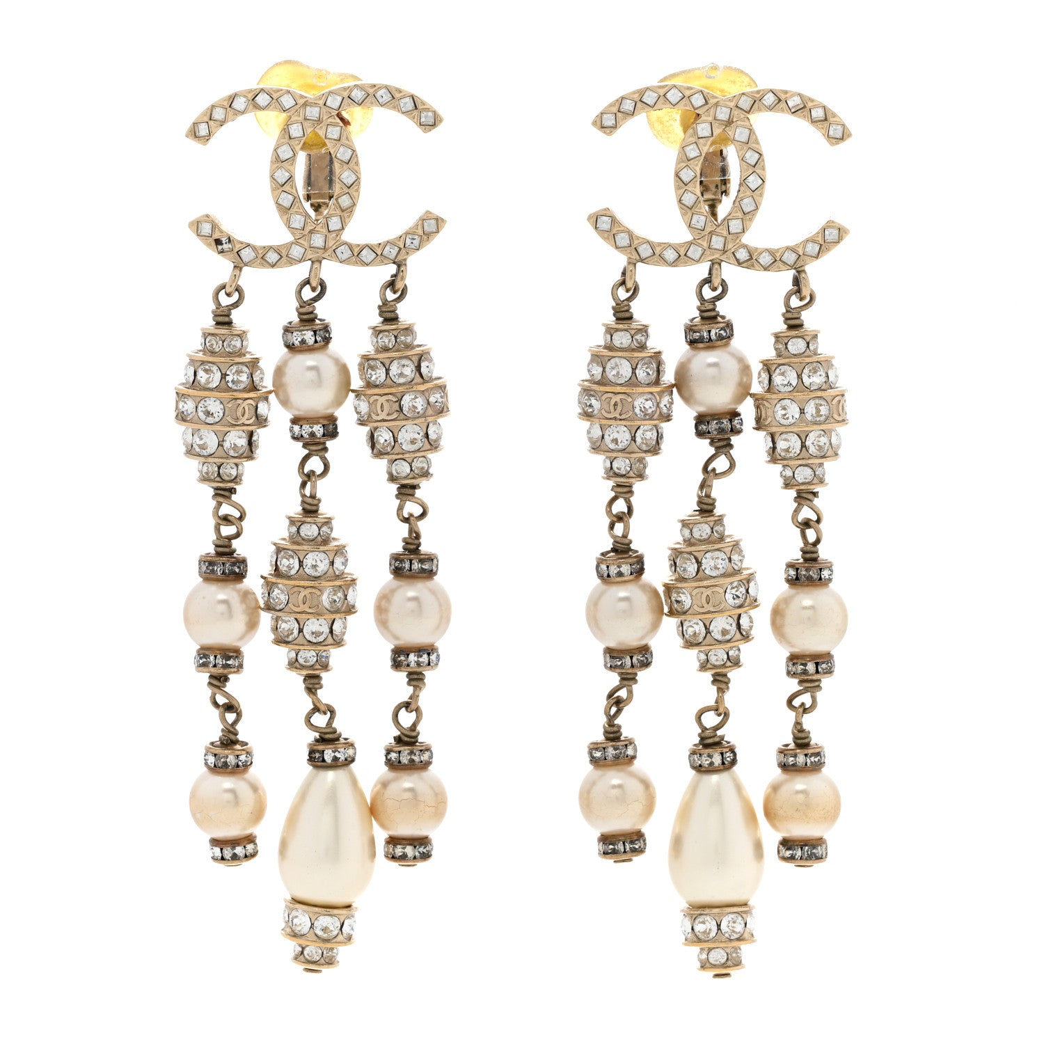 Chanel Crystal Pearl CC Chain Drop Earrings 1 of 7