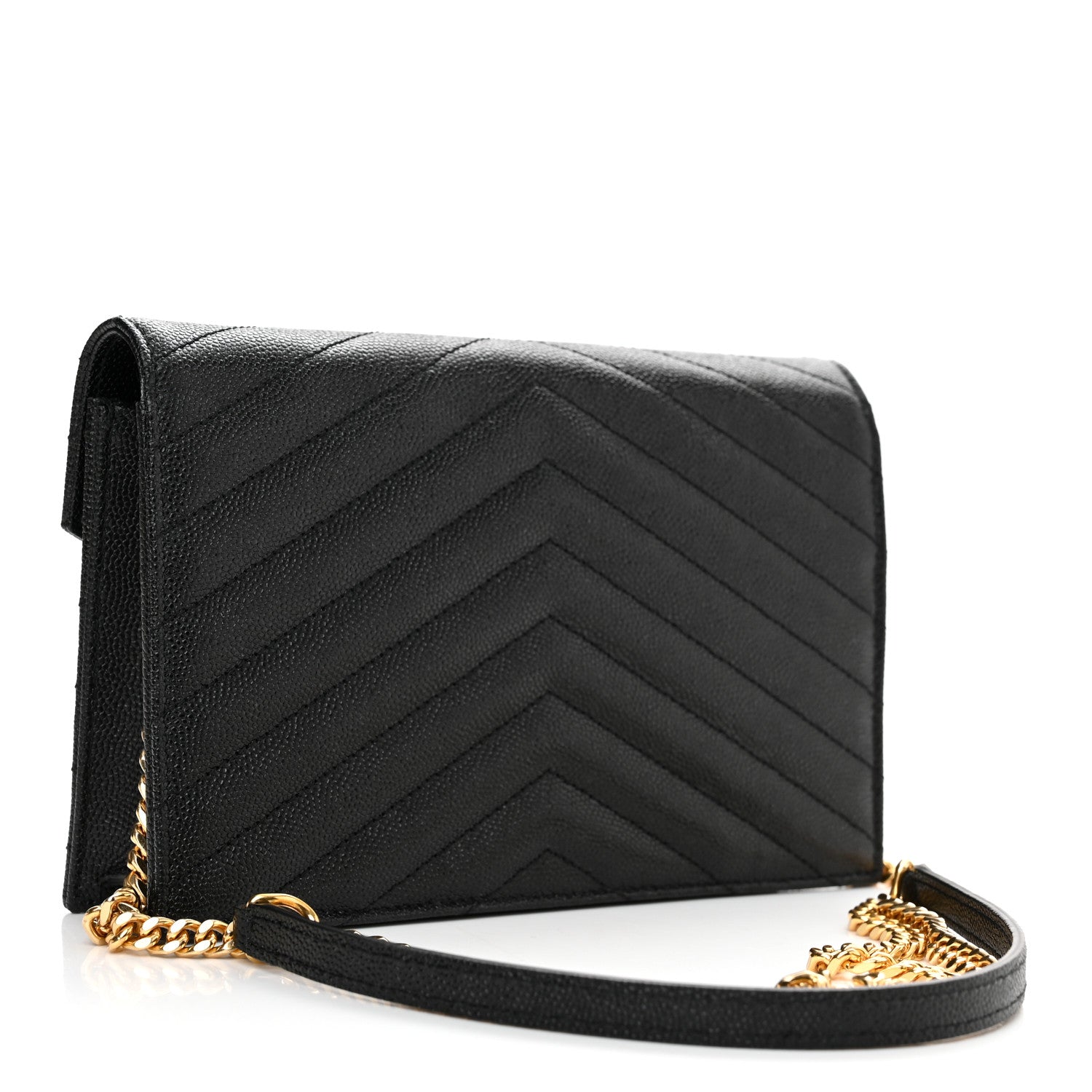 Saint Laurent Grain De Poudre Matelasse Chevron Monogram Envelope Chain Wallet Black 3 of 10
