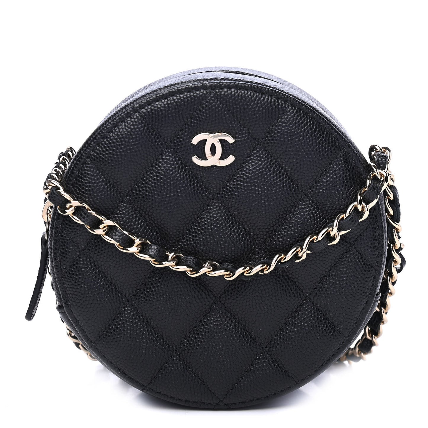 Caviar Quilted Round Clutch With Chain Black