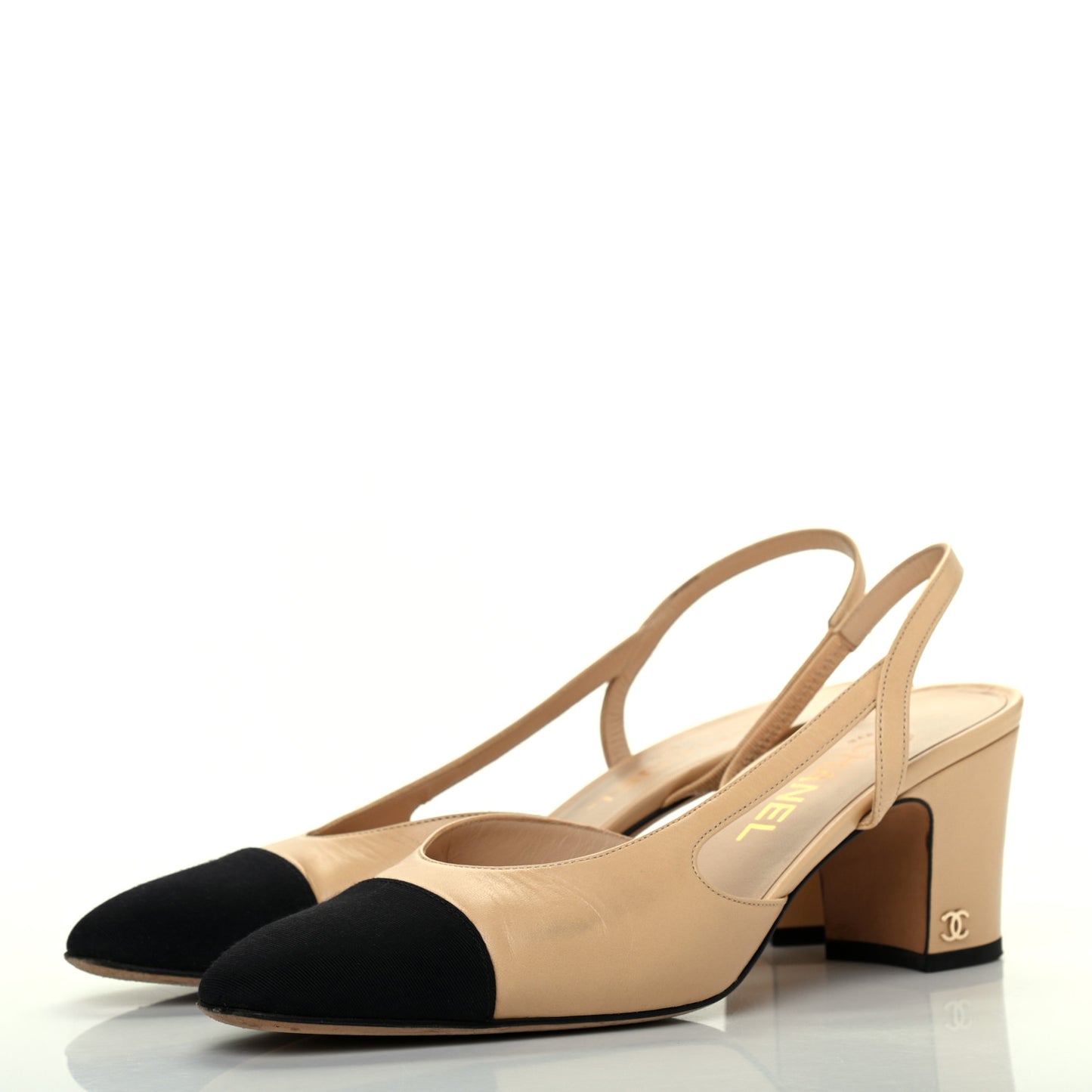 Goatskin Grosgrain Cap Toe CC Slingback Pumps 39 Beige Black
