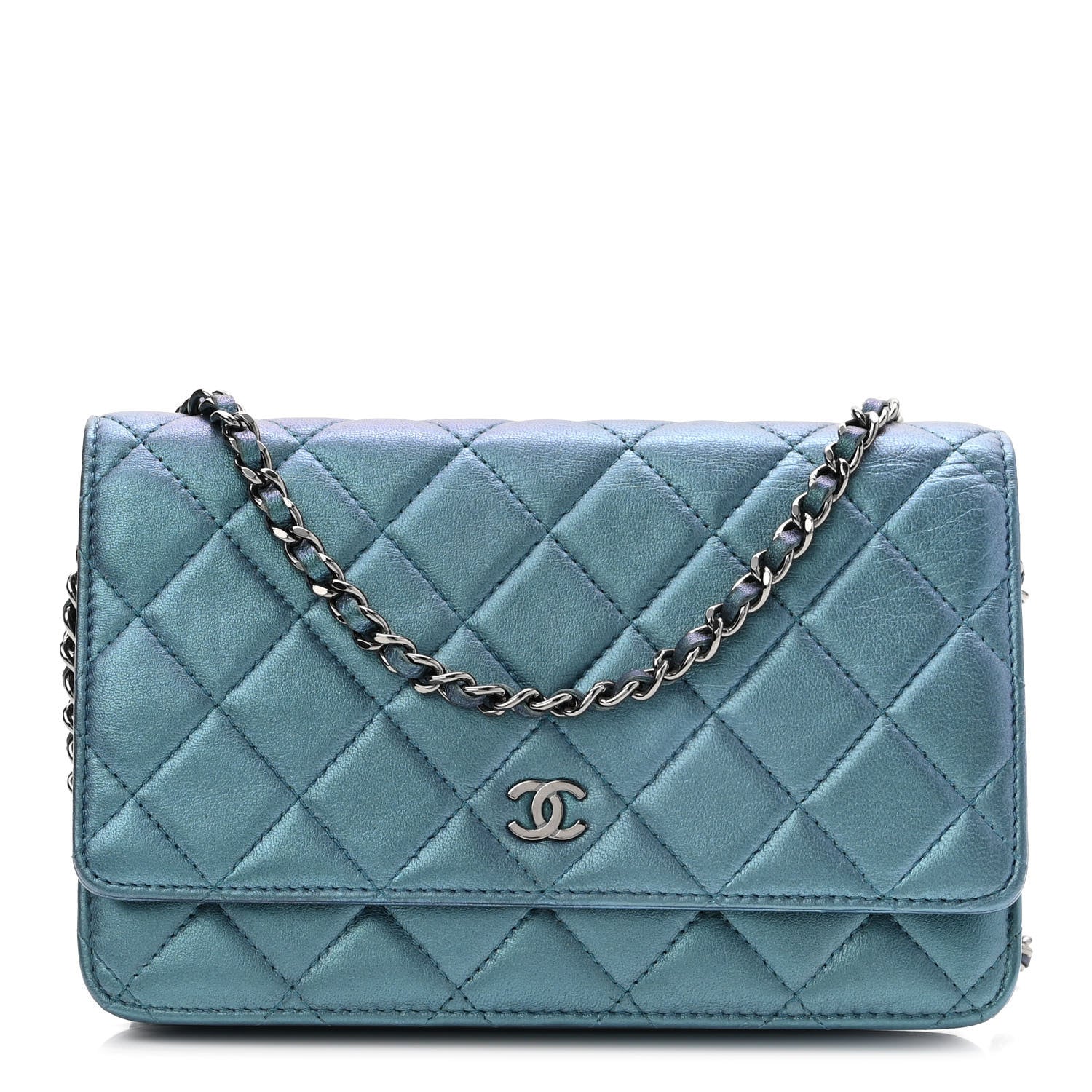 Chanel Metallic Lambskin Wallet On Chain WOC Turquoise 1 of 11