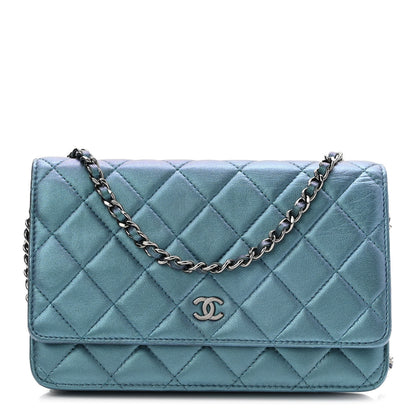 Chanel Metallic Lambskin Wallet On Chain WOC Turquoise 1 of 11