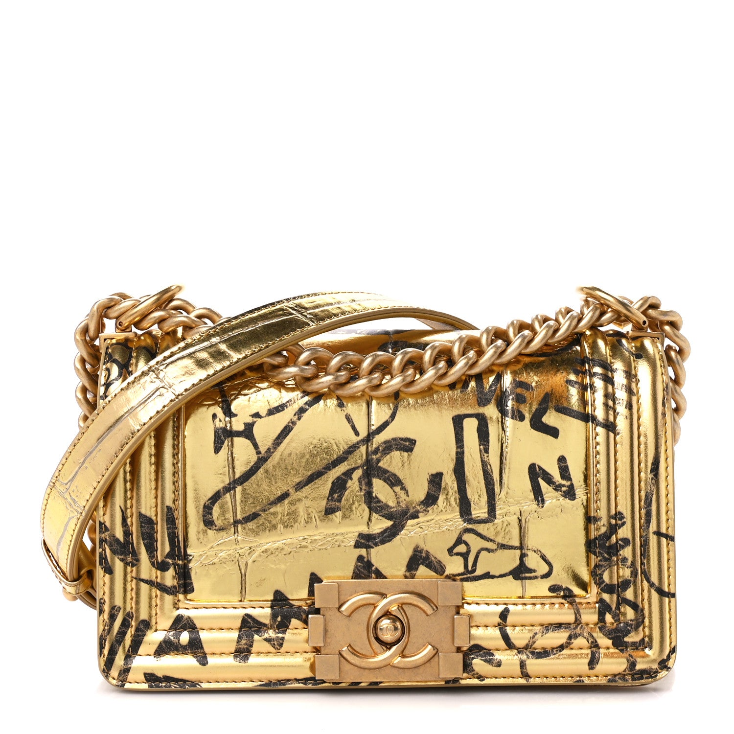 Chanel Metallic Calfskin Crocodile Embossed Graffiti Medium Cocodile Boy Flap Gold 1 of 11