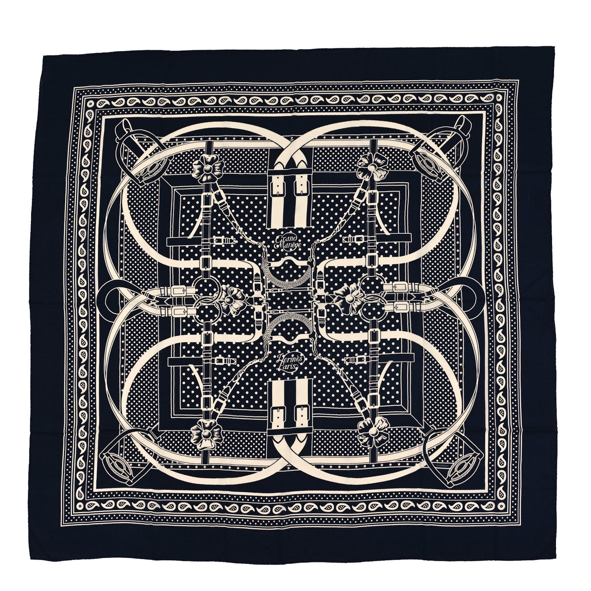 Hermes Cashmere Silk Eperon D'Or Shawl 140 Marine White 1 of 3