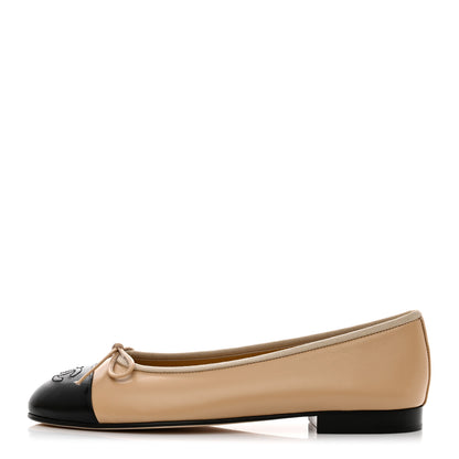 Chanel Lambskin Cap Toe CC Ballerina Flats 37.5 Beige Black 1 of 9