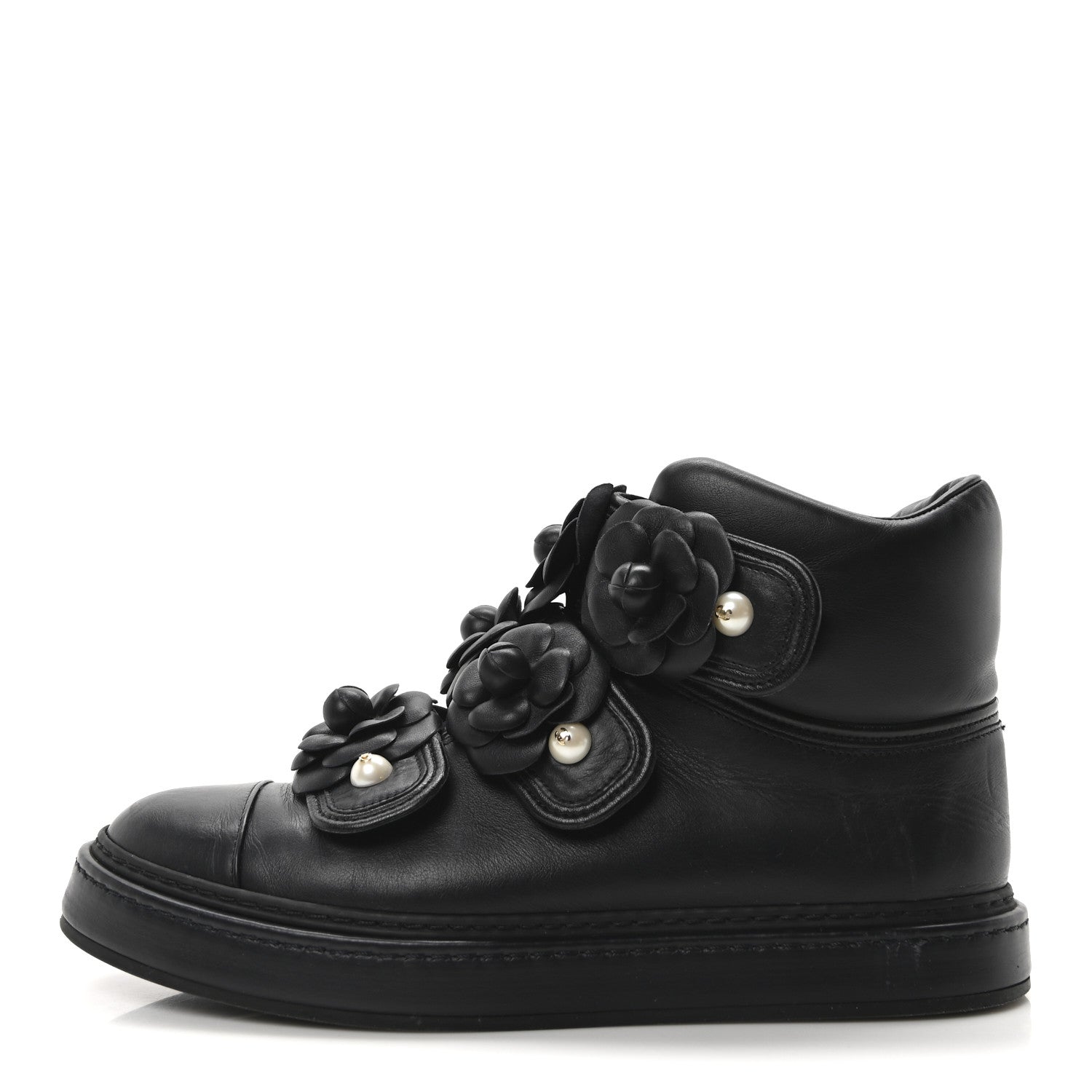 Chanel Calfskin Camellia High Top Sneakers 38.5 Navy 1 of 9