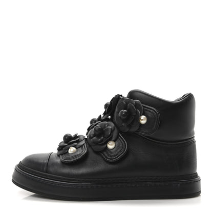 Chanel Calfskin Camellia High Top Sneakers 38.5 Navy 1 of 9