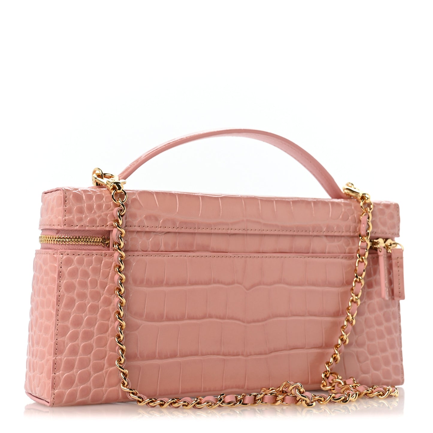 Calfskin Crocodile Embossed Crococo Top Handle East West Vanity Case With Chain Pink