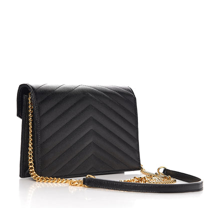 Saint Laurent Grain De Poudre Matelasse Chevron Monogram Envelope Chain Wallet Black 2 of 10