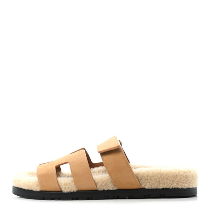 Hermes Suede Goatskin Woolskin Womens Chypre Sandals 38 Golden Beige 1 of 4