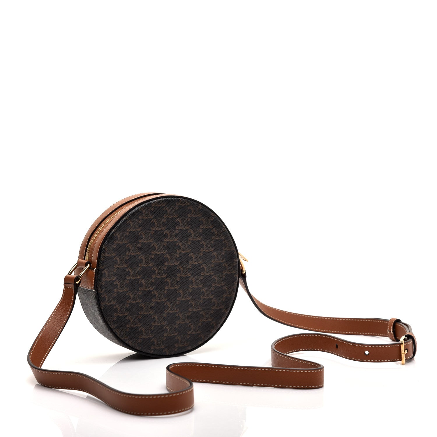 Celine Lambskin Triomphe Canvas Round Purse On Strap Black Tan 3 of 9