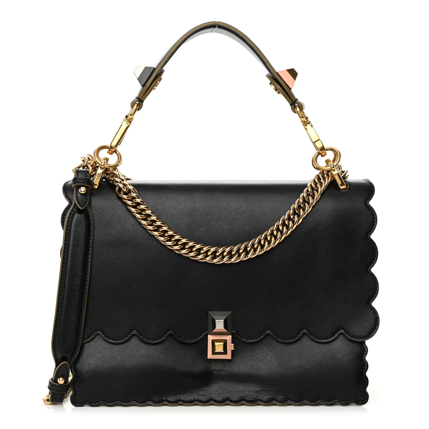 Vitello Liberty Scalloped Studded Kan I Shoulder Bag Black