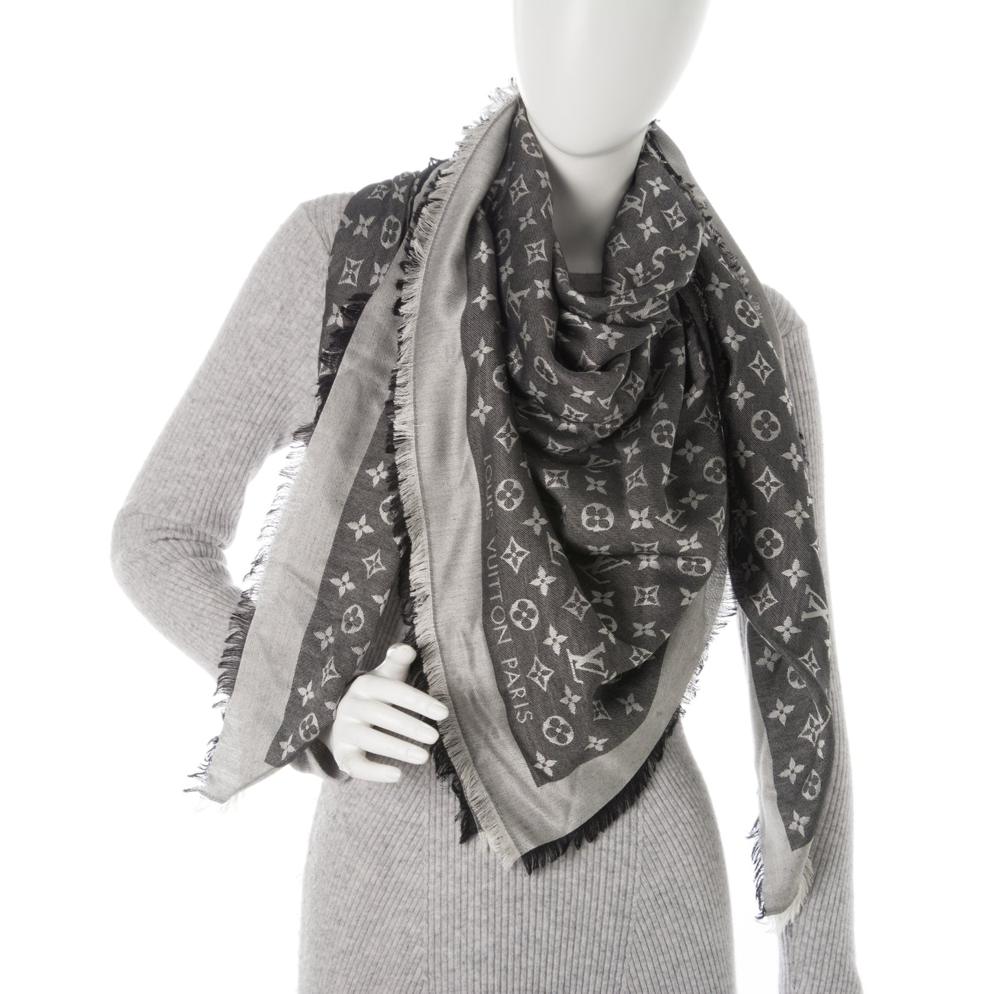 Wool Silk Monogram Denim Shawl Black