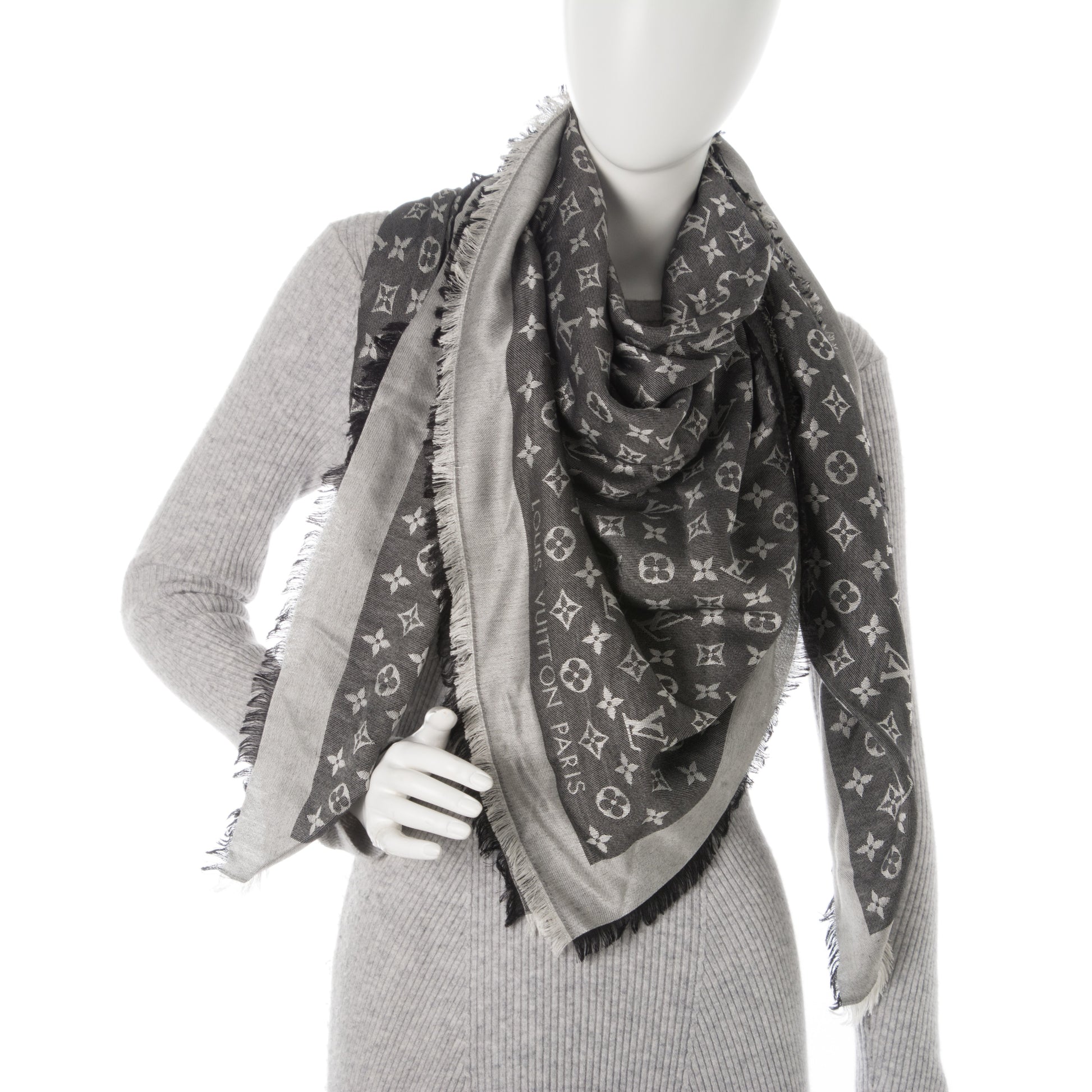 Louis Vuitton Wool Silk Monogram Denim Shawl Black 2 of 8
