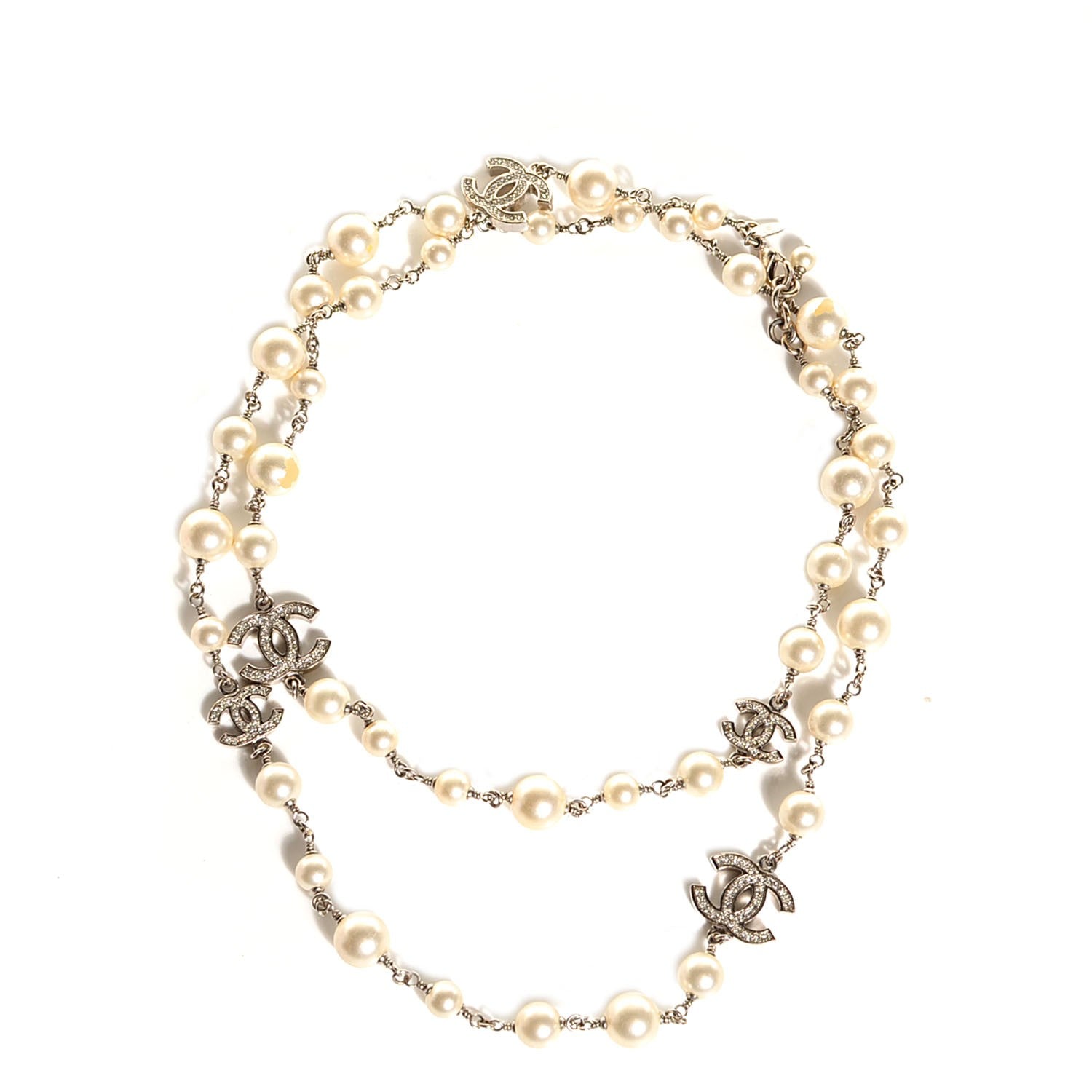 Chanel Crystal Pearl CC Long Necklace Silver 1 of 5