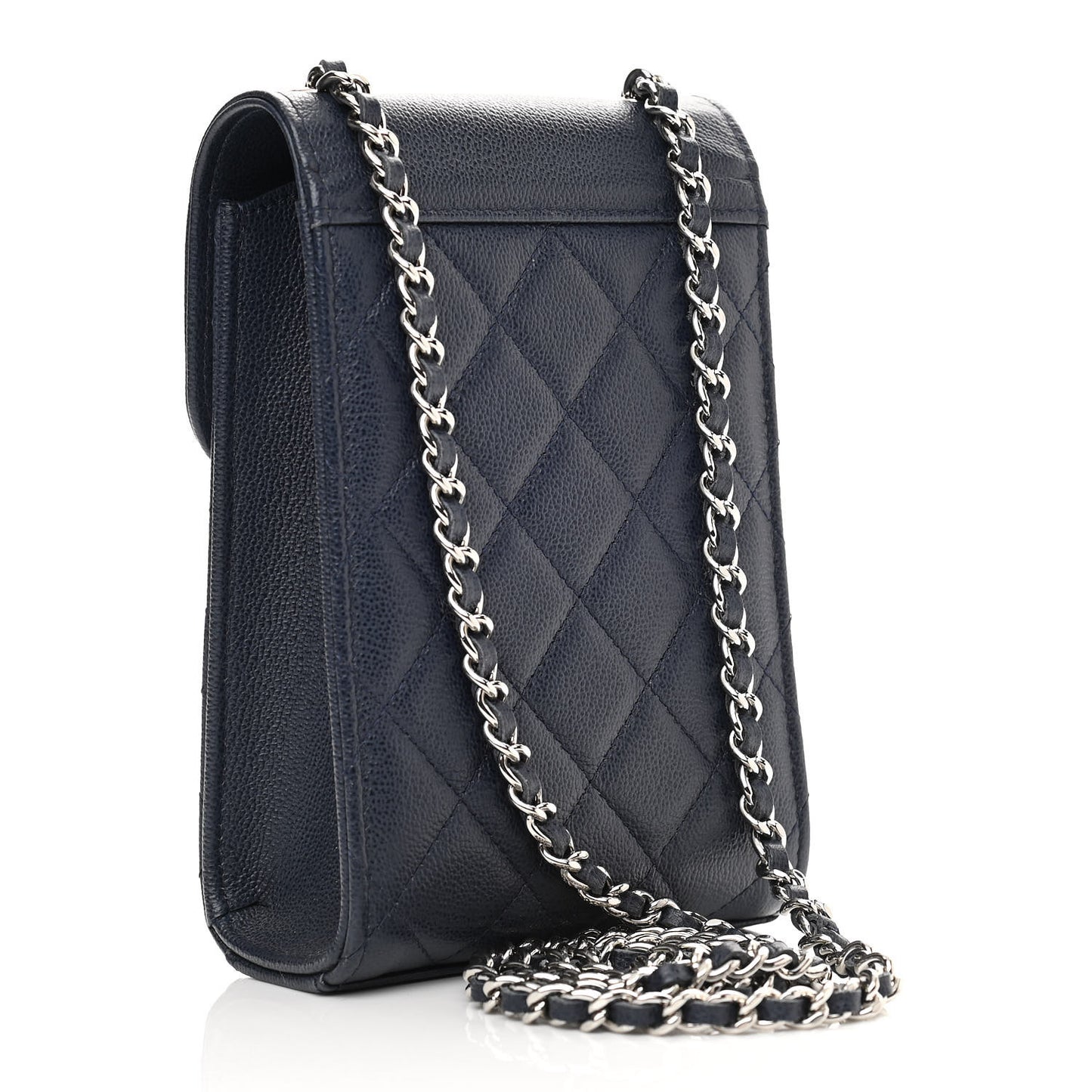 Grained Calfskin Quilted CC Box Clutch With Chain Navy