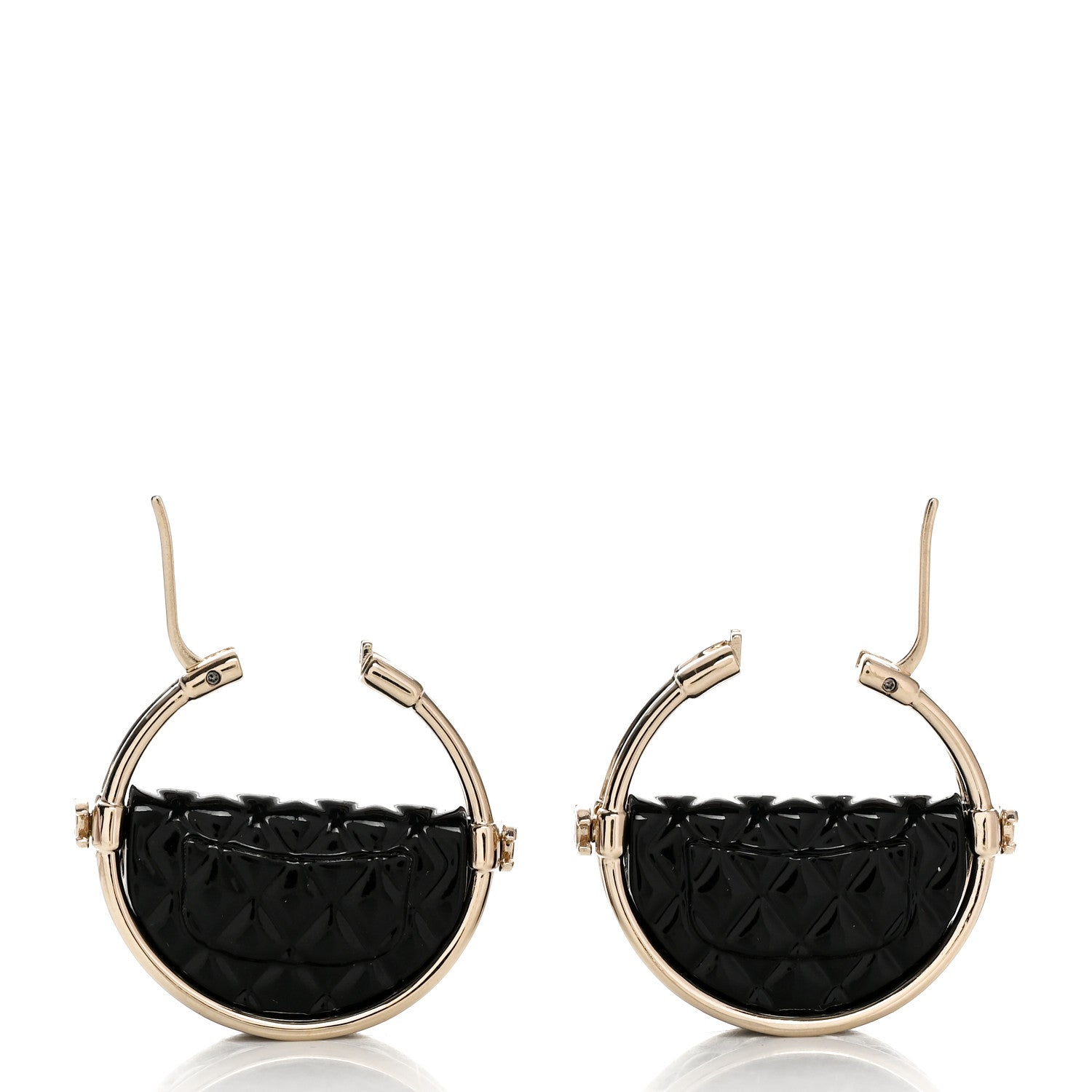 Chanel Metal Resin Quilted Flap Bag Hoop Earrings Black Gold 3 of 4