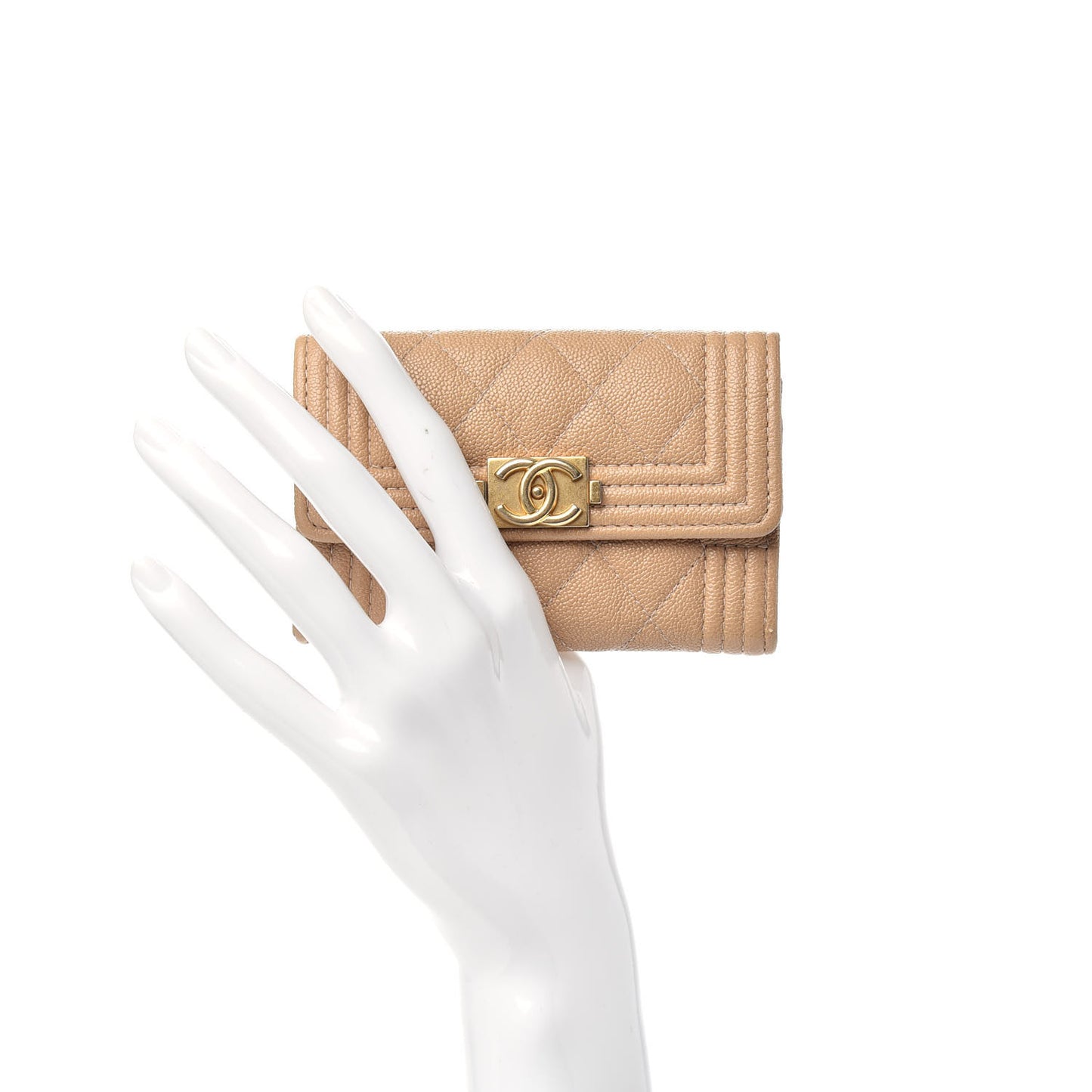 Caviar Quilted Boy Card Holder Wallet Beige