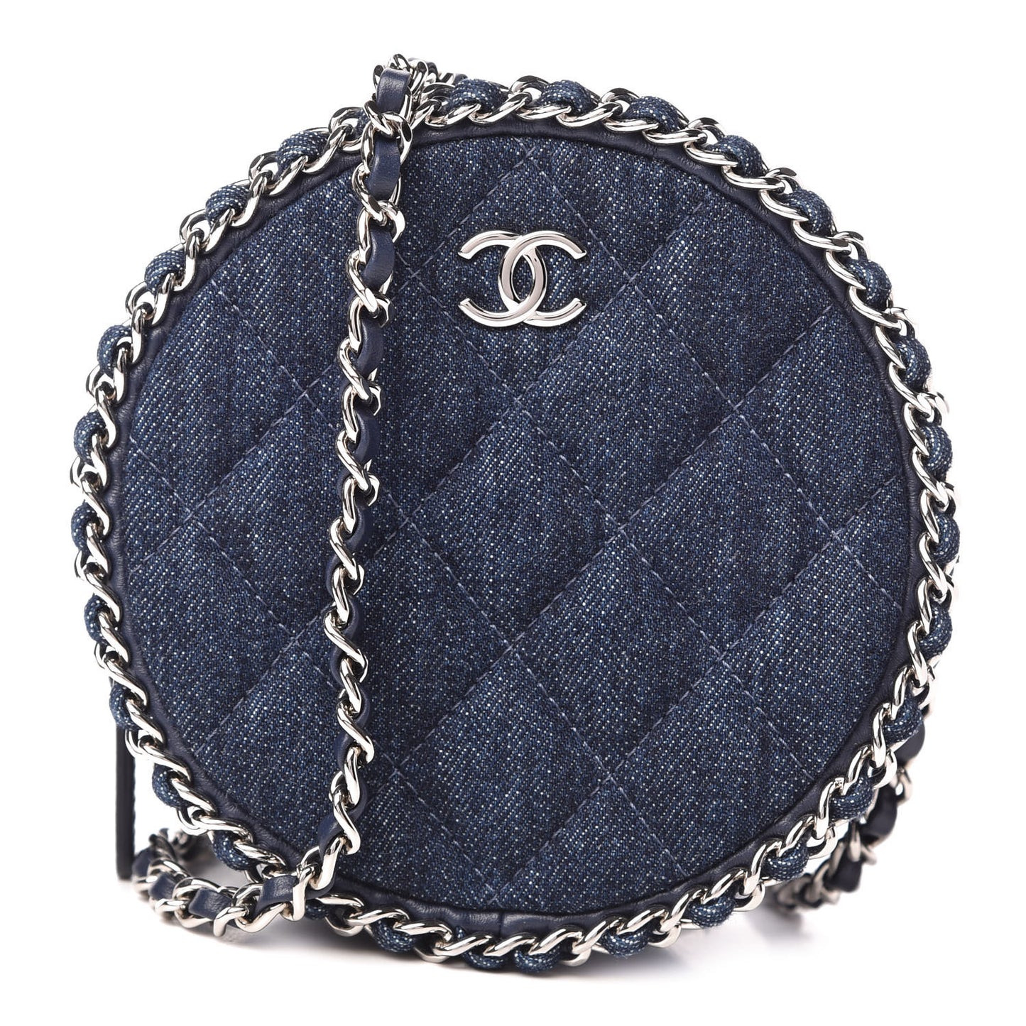 Denim Quilted Round Clutch With Chain Blue