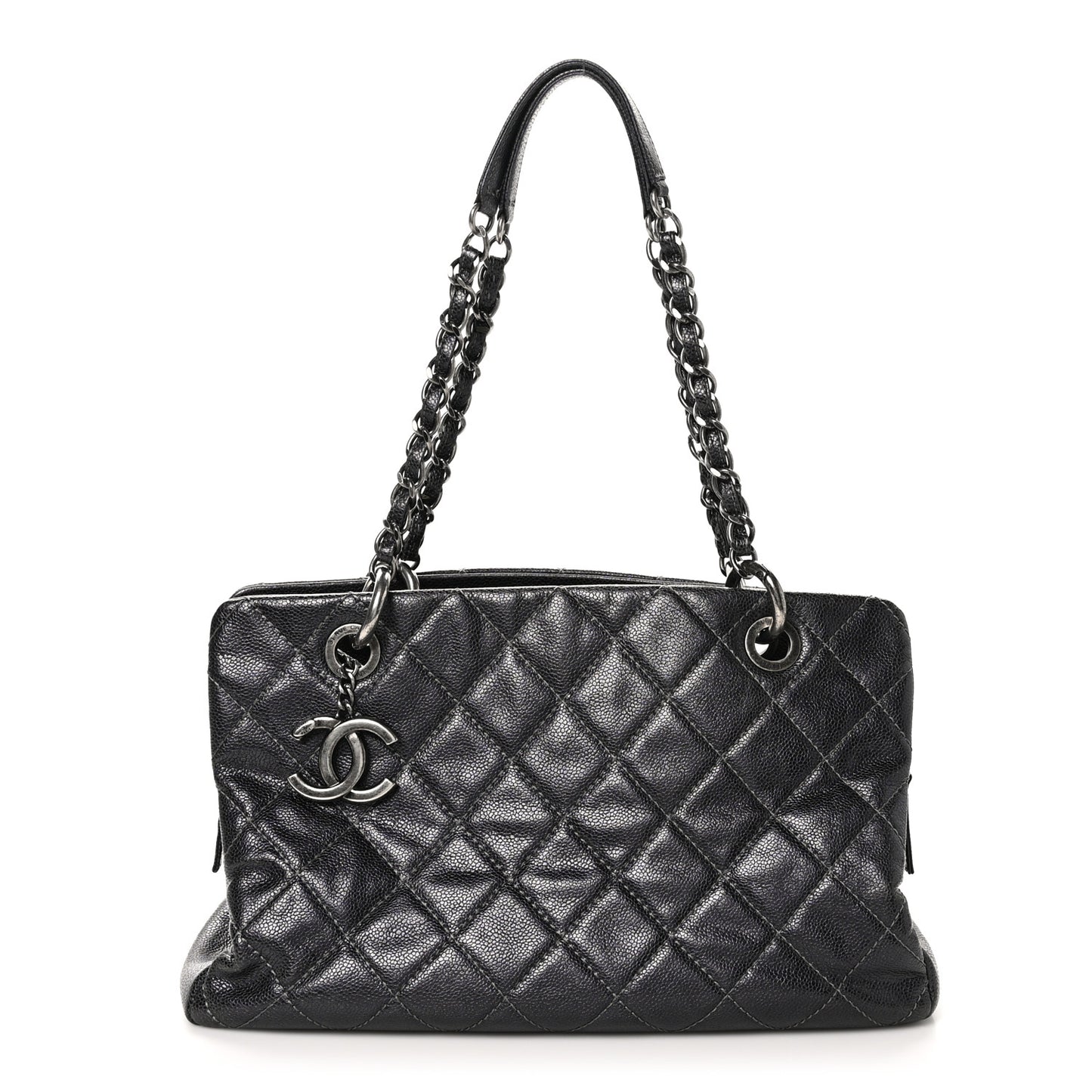 Iridescent Caviar Quilted Chic Shopping Tote Silver
