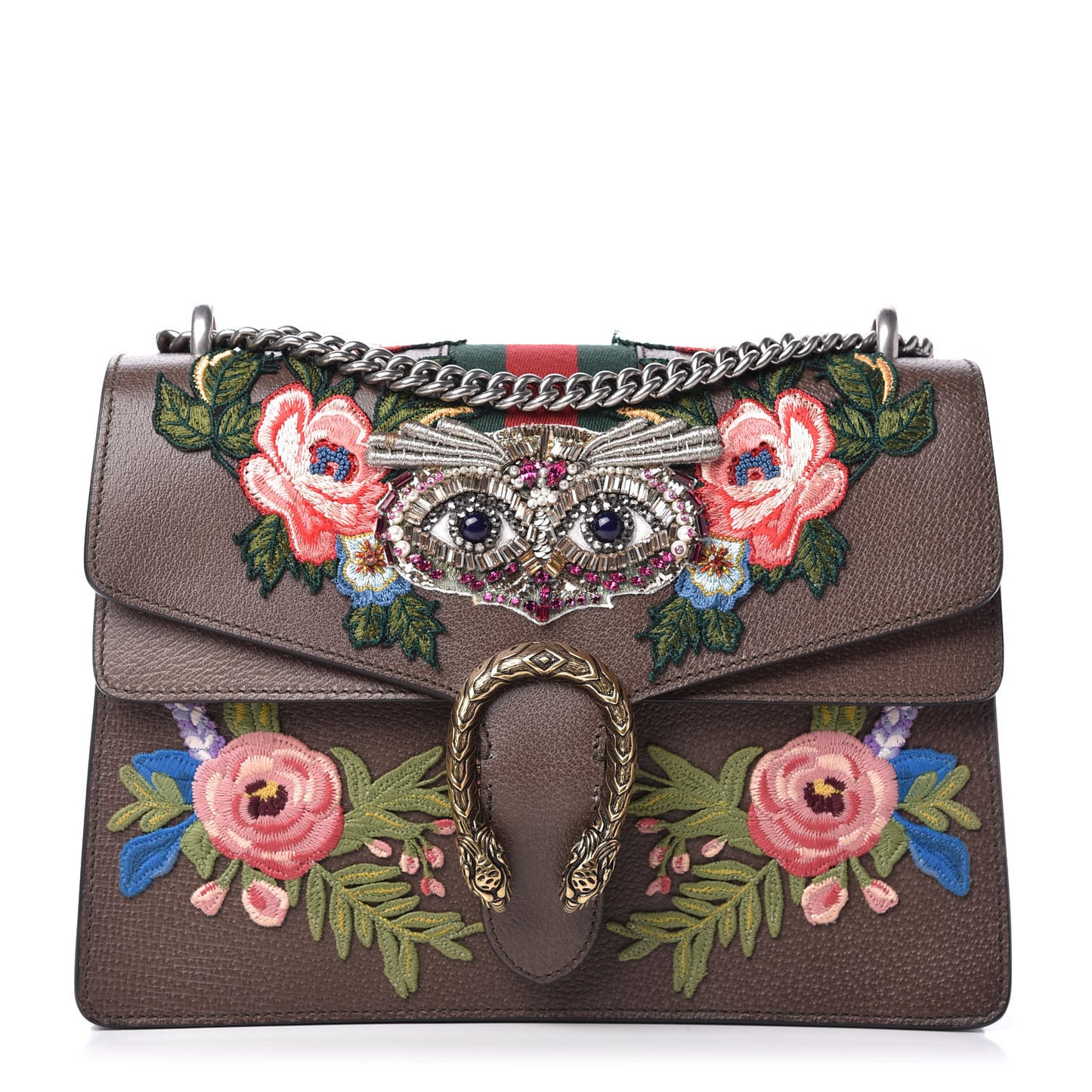 Calfskin Web Owl Embroidered Medium Dionysus Shoulder Bag New Acero Multicolor
