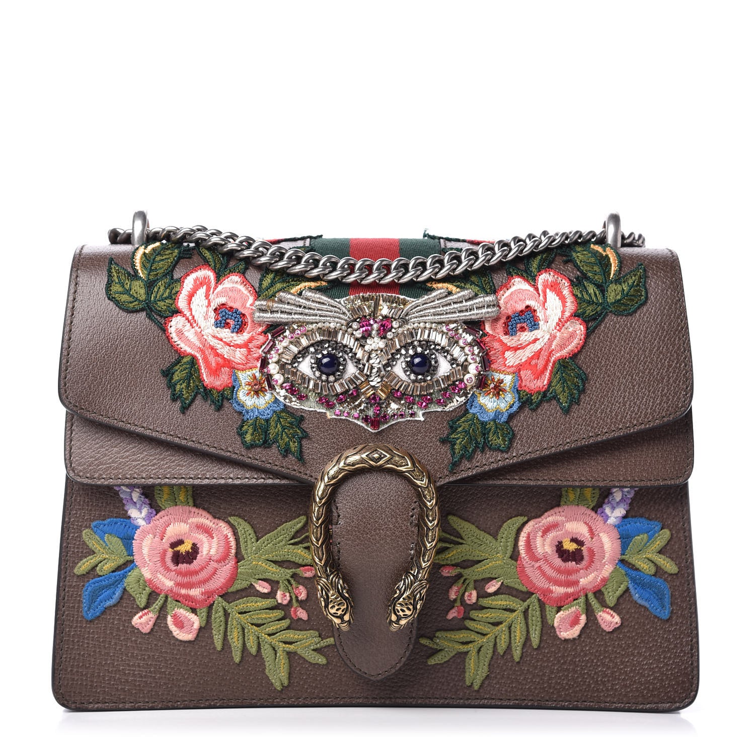 Gucci Calfskin Web Owl Embroidered Medium Dionysus Shoulder Bag New Acero Multicolor 1 of 11