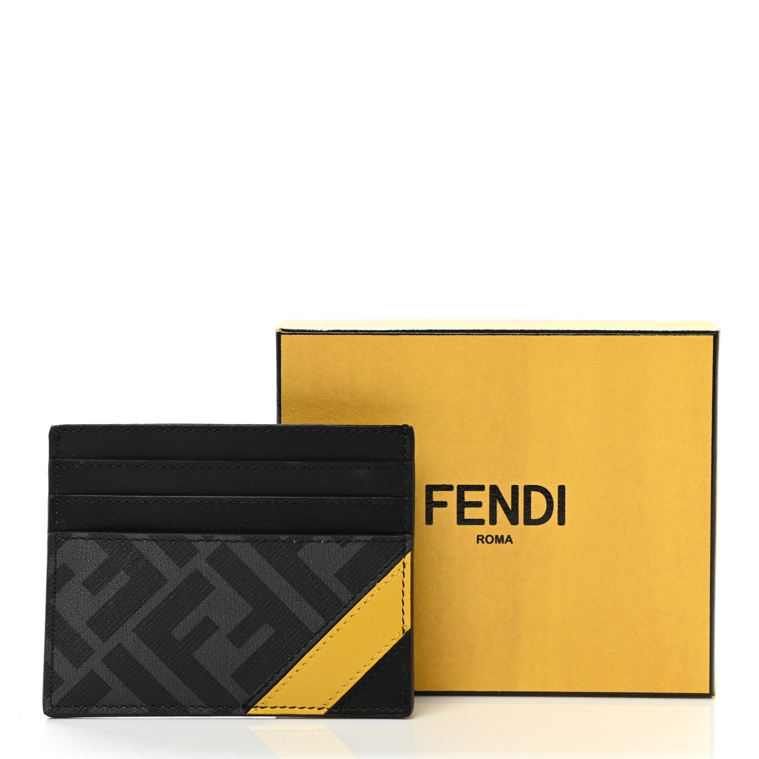 Fendi Glazed Fabric Vitello Liberty FF 1974 Diagonal Card Holder Black Sunflower 8 of 8