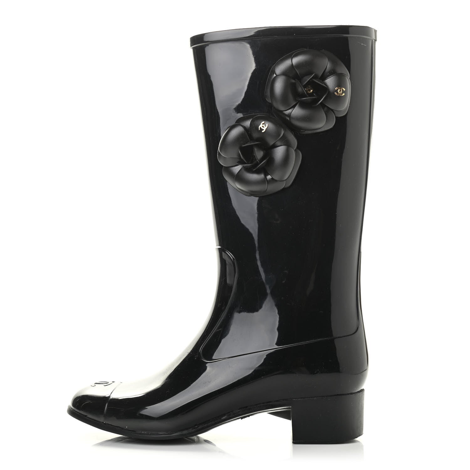 Chanel Rubber Camellia Rain Boots 38 Black 1 of 10