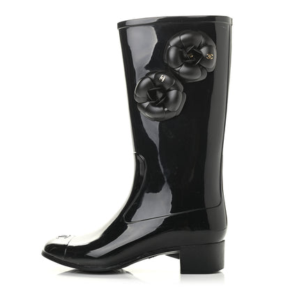 Chanel Rubber Camellia Rain Boots 38 Black 1 of 10