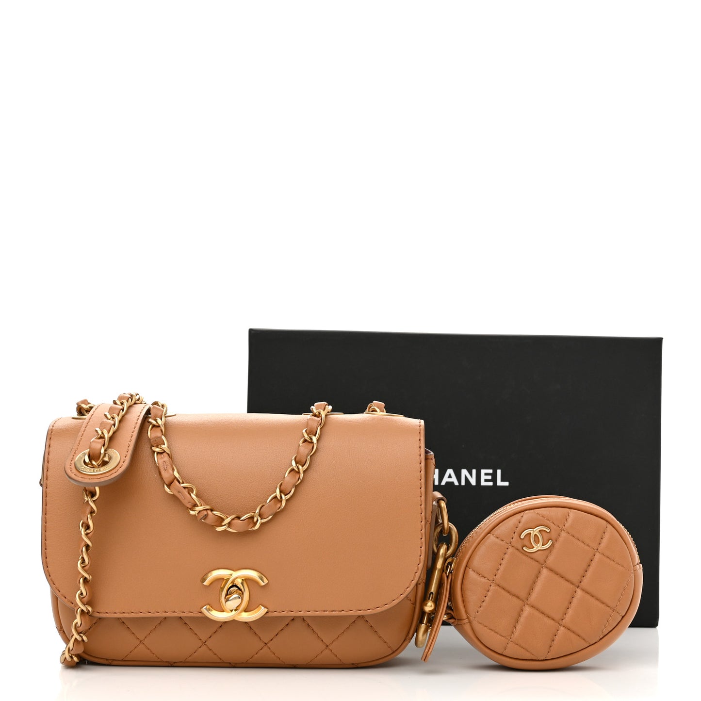 Calfskin Quilted Multi Pouching Flap And Coin Purse Beige