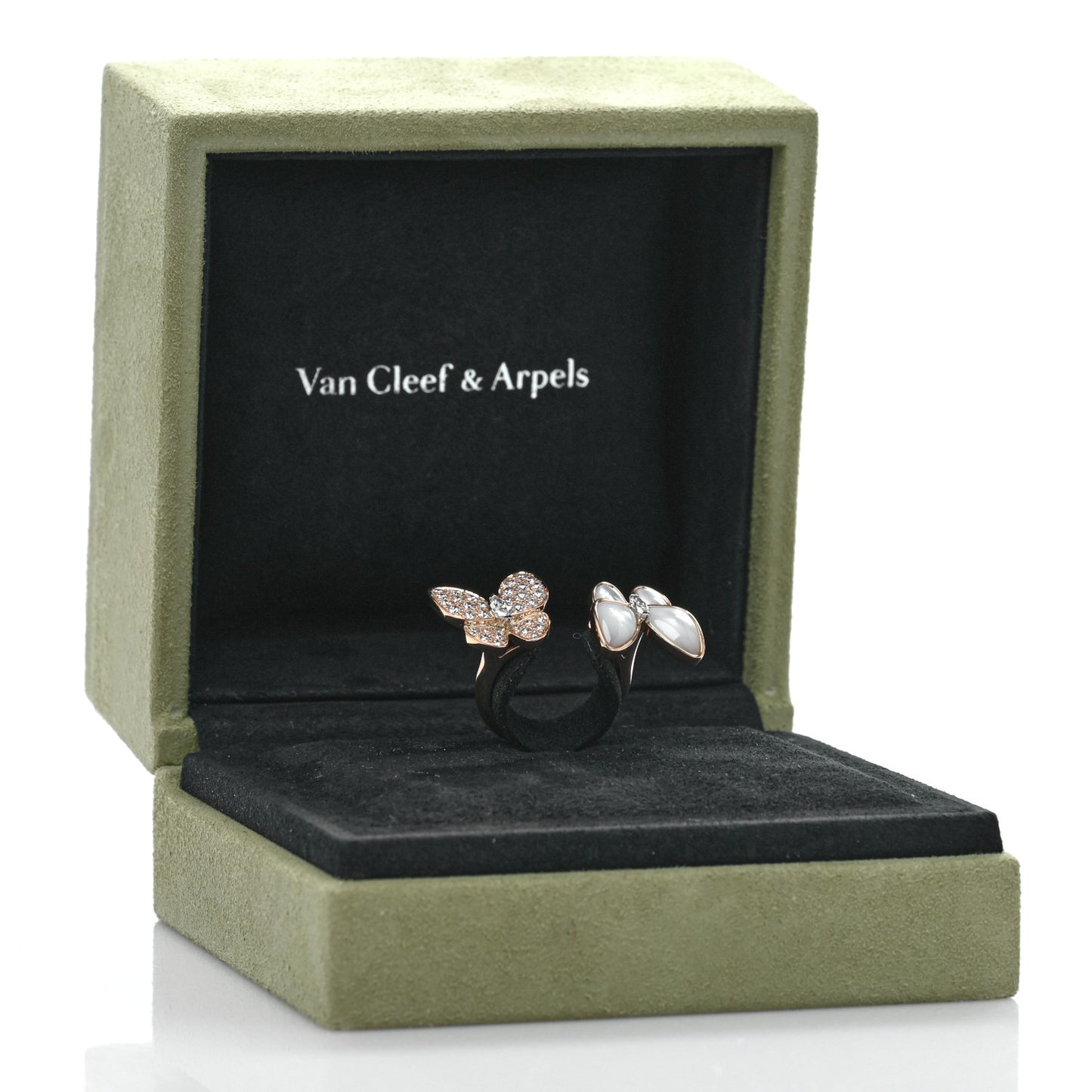 18K Rose Gold Diamond Mother of Pearl Two Butterfly Between The Finger Ring 54 6.75