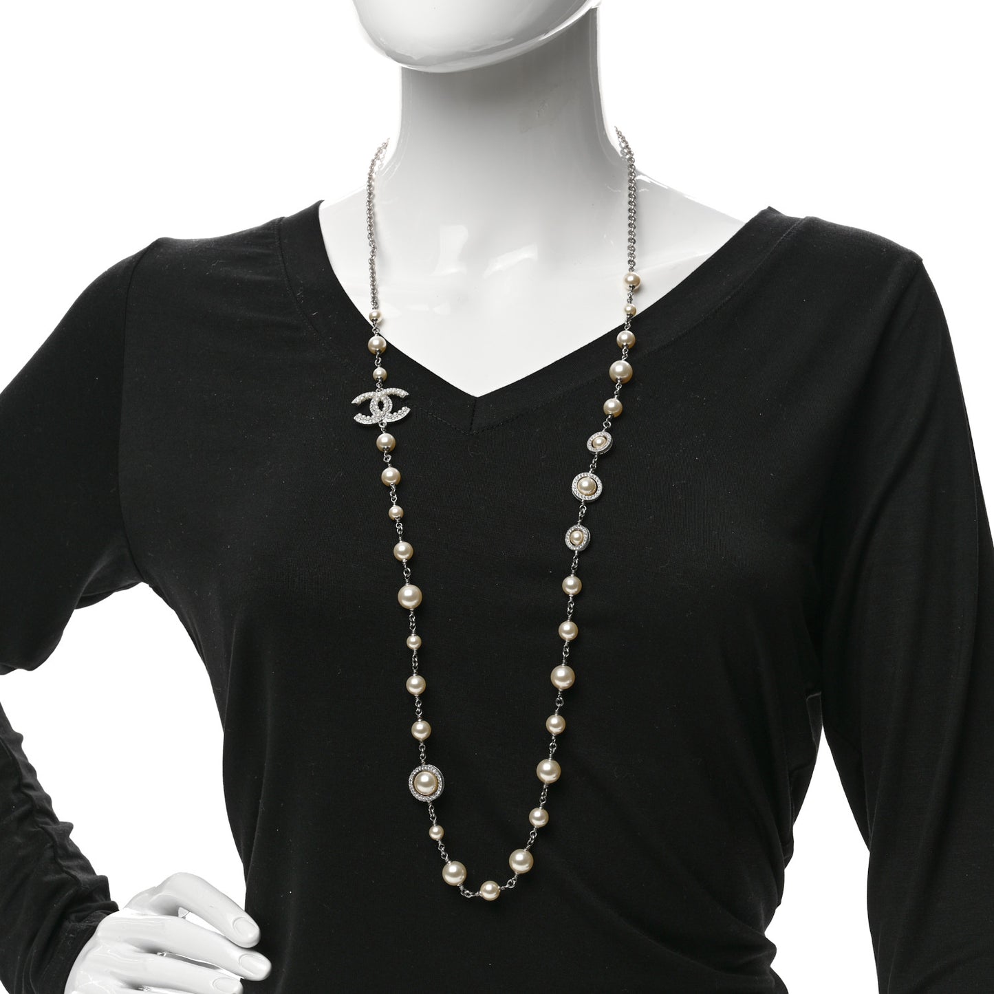 Graduated Pearl Crystal CC Long Necklace Silver
