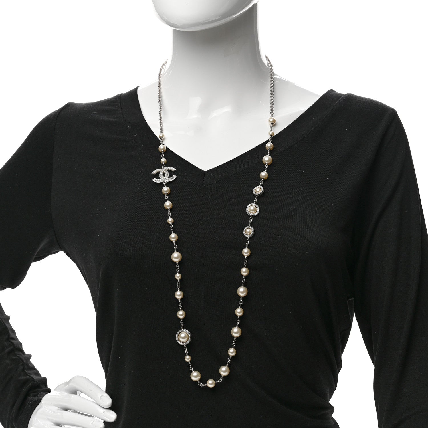 Chanel Graduated Pearl Crystal CC Long Necklace Silver 2 of 5