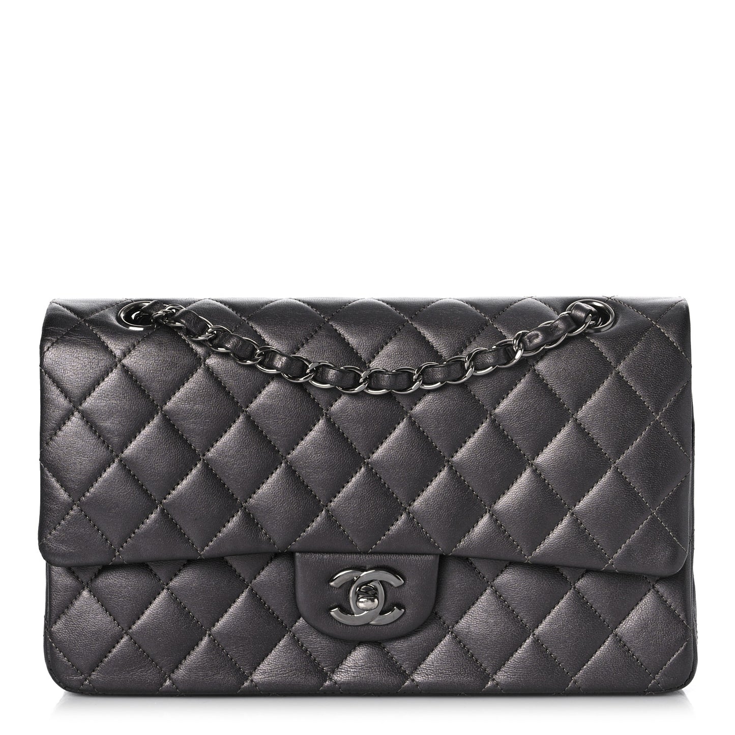 Metallic Lambskin Quilted Medium Double Flap Pewter
