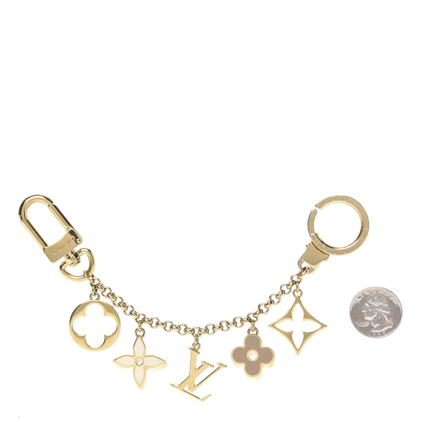 Brass Enamel Fleur De Monogram Bag Charm Chain Gold