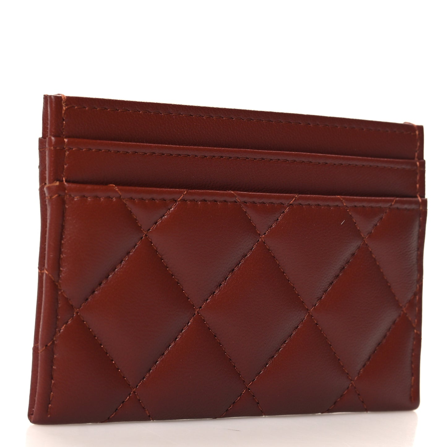 Lambskin Pearl Enamel Quilted CC Card Holder Brown
