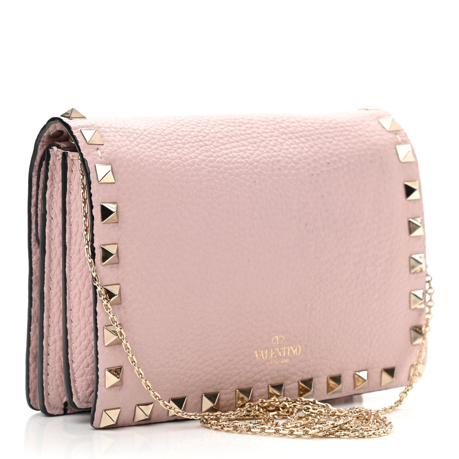 Valentino Garavani Pebbled Calfskin Rockstud Wallet on Chain Water Rose 3 of 9