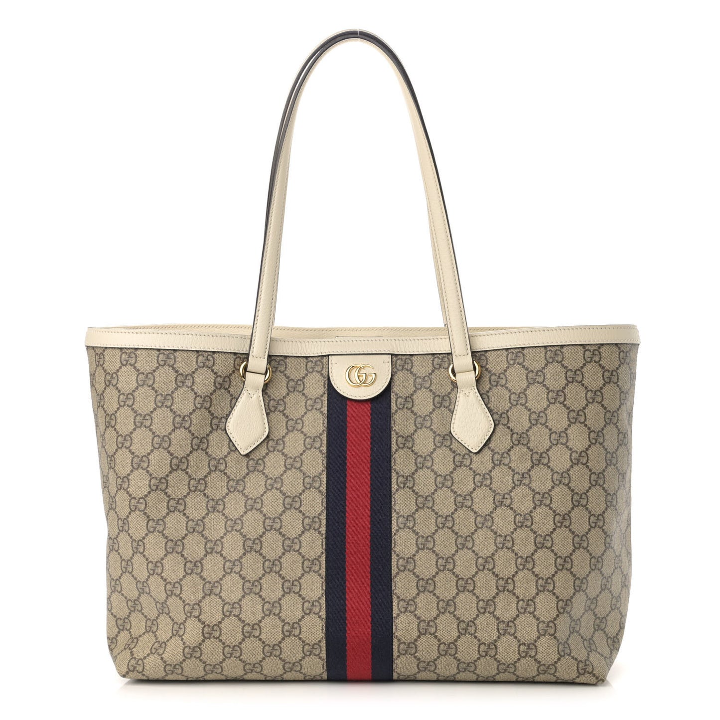 GG Supreme Monogram Textured Dollar Calfskin Web Medium Ophidia Shopping Tote Beige Ebony Mystic White
