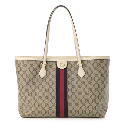 Gucci GG Supreme Monogram Textured Dollar Calfskin Web Medium Ophidia Shopping Tote Beige Ebony Mystic White 1 of 10