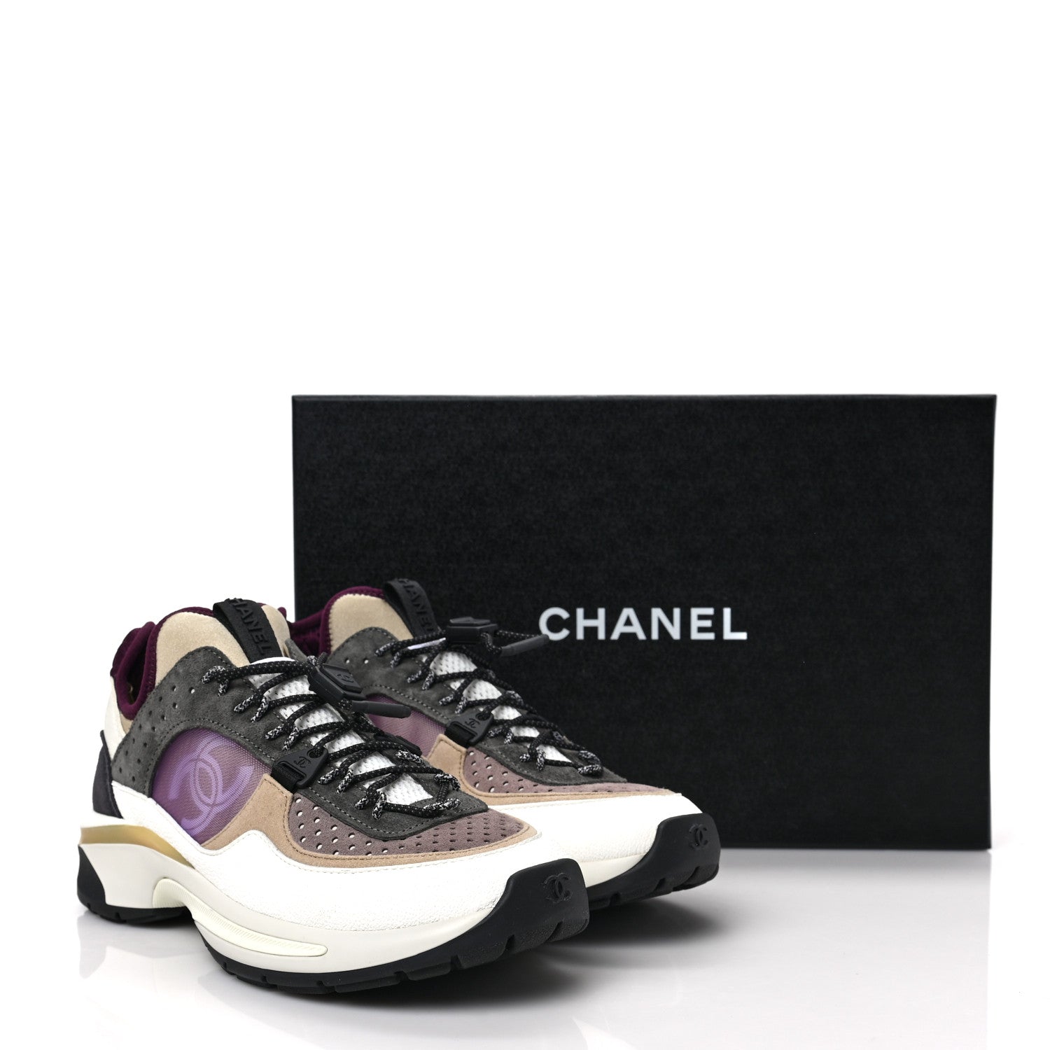 Chanel Fabric Suede Calfskin Mesh Womens CC Sneakers 37 White Grey Purple 8 of 8