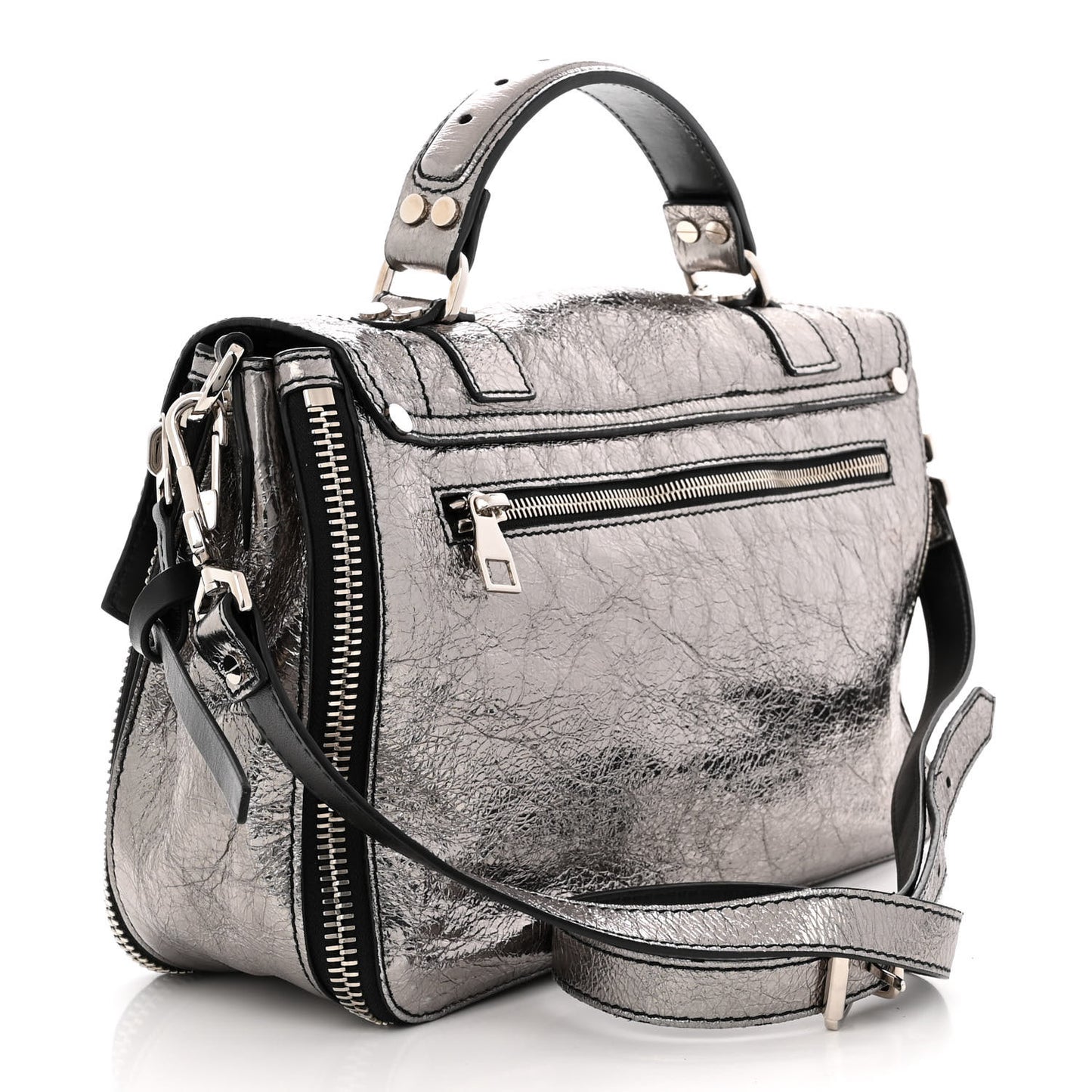 Metallic Paper Lambskin Medium PS1 Plus Zip Satchel Dark Silver