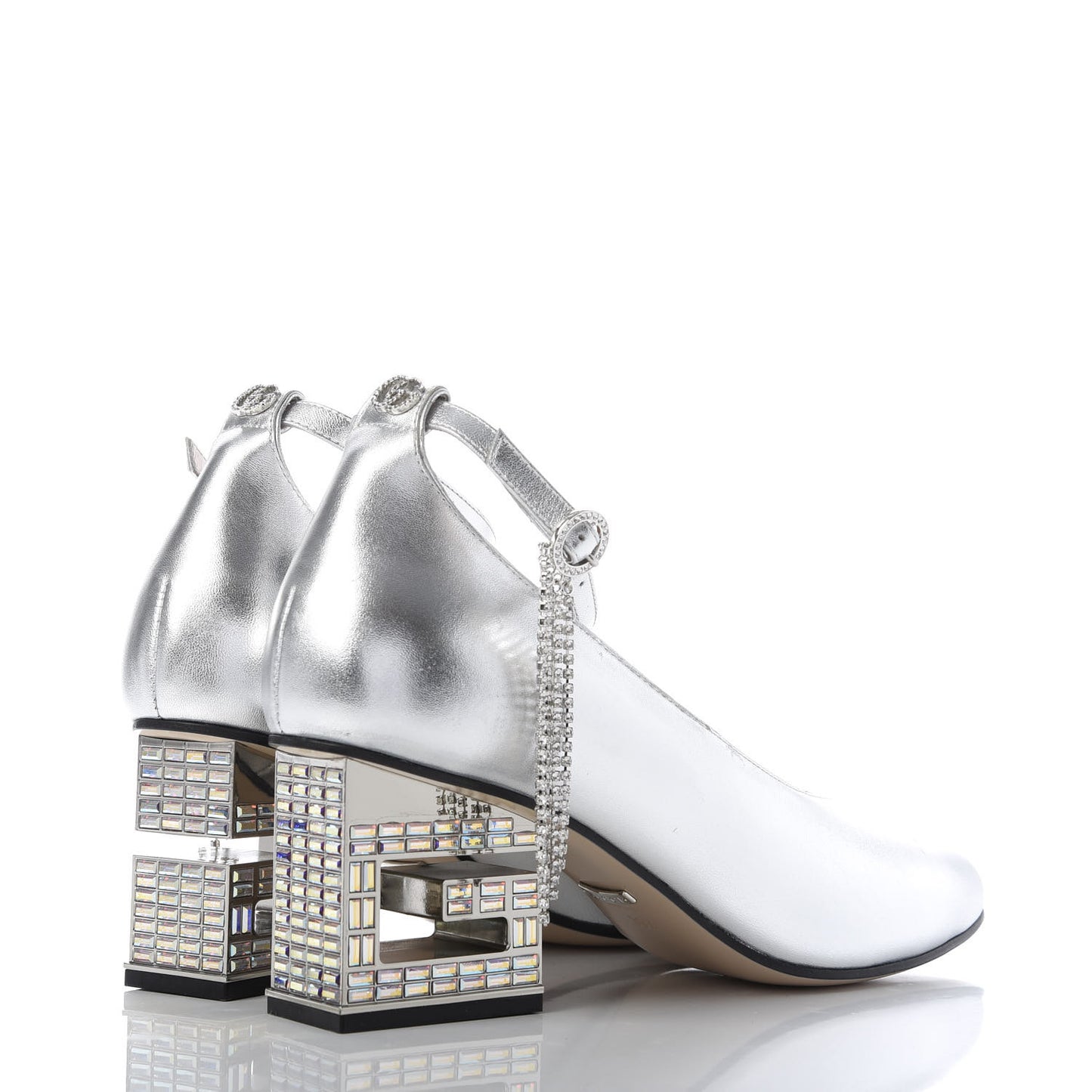 Metallic Nappa Crystal Square G Mid Heel Pumps 39.5 Silver