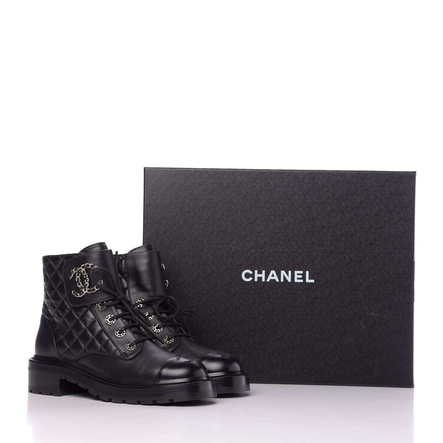 Shiny Lambskin Quilted Lace Up Combat Boots 38 Black