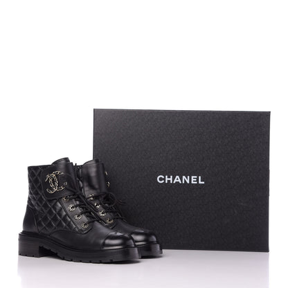 Chanel Shiny Lambskin Quilted Lace Up Combat Boots 38 Black 9 of 9