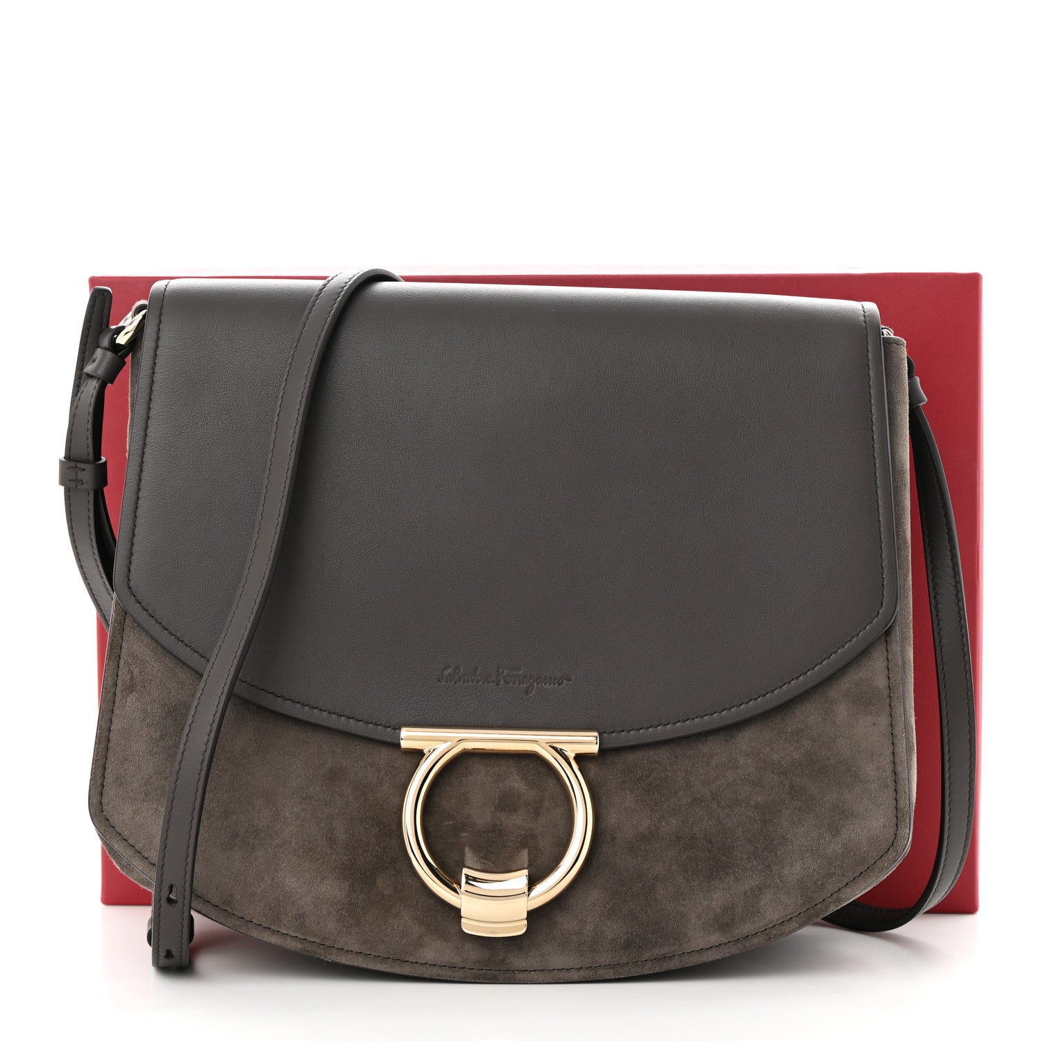 Salvatore Ferragamo Calfskin Suede Medium Margot Crossbody Grey 10 of 10