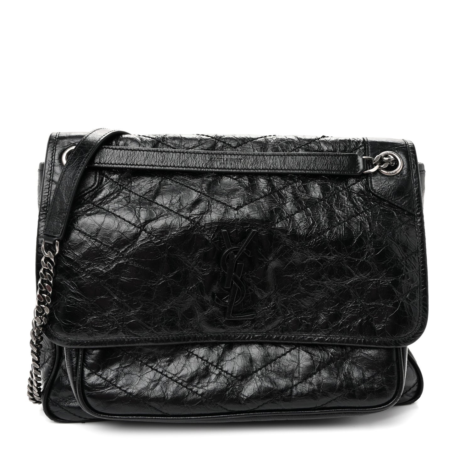 Crinkled Calfskin Matelasse Monogram Large Niki Chain Satchel Black