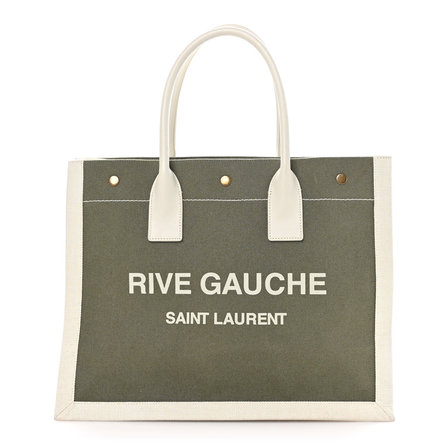 Saint Laurent Linen Calfskin Small Rive Gauche Tote Military Green Blanc Vintage 1 of 12