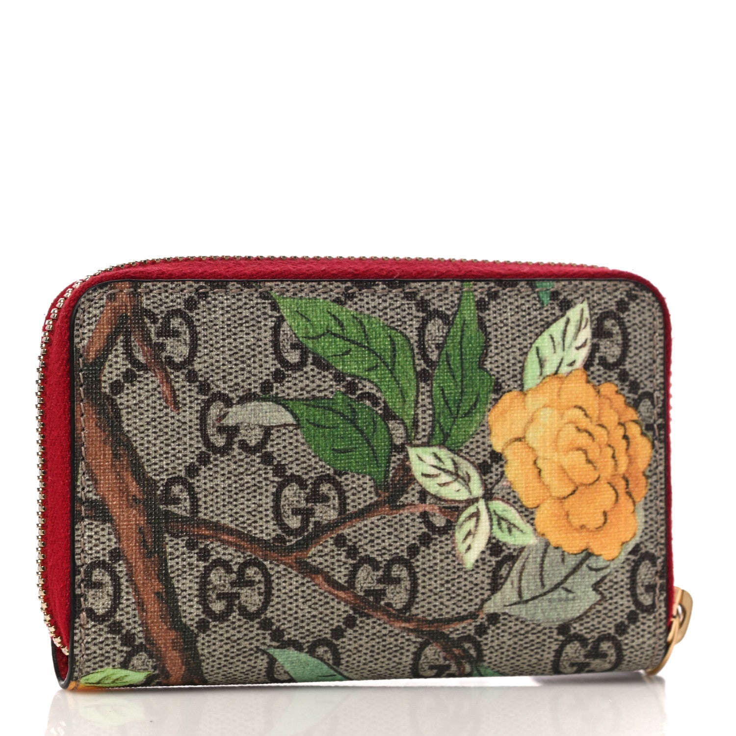 Gucci GG Supreme Monogram Tian Zip Around Card Case Wallet Beige Multicolor Red 3 of 10